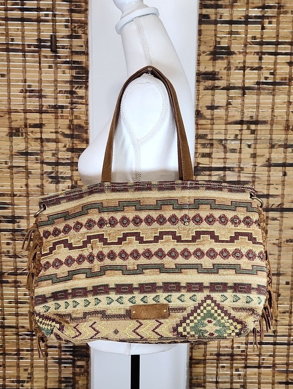 Vintage RARE Y2K Lucky Brand Southwest Aztec Tapestry Boho Tote Bag with Leather